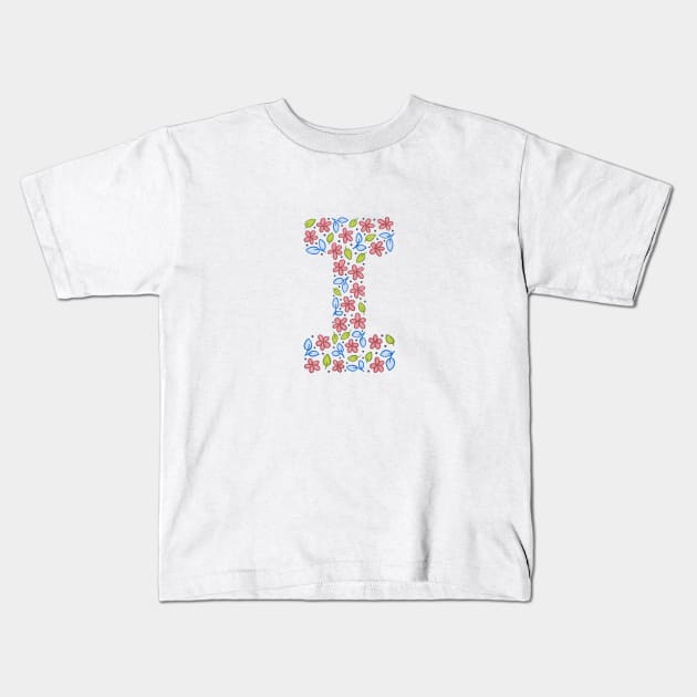 Floral Monogram Letter I - pink and blue Kids T-Shirt by SRSigs